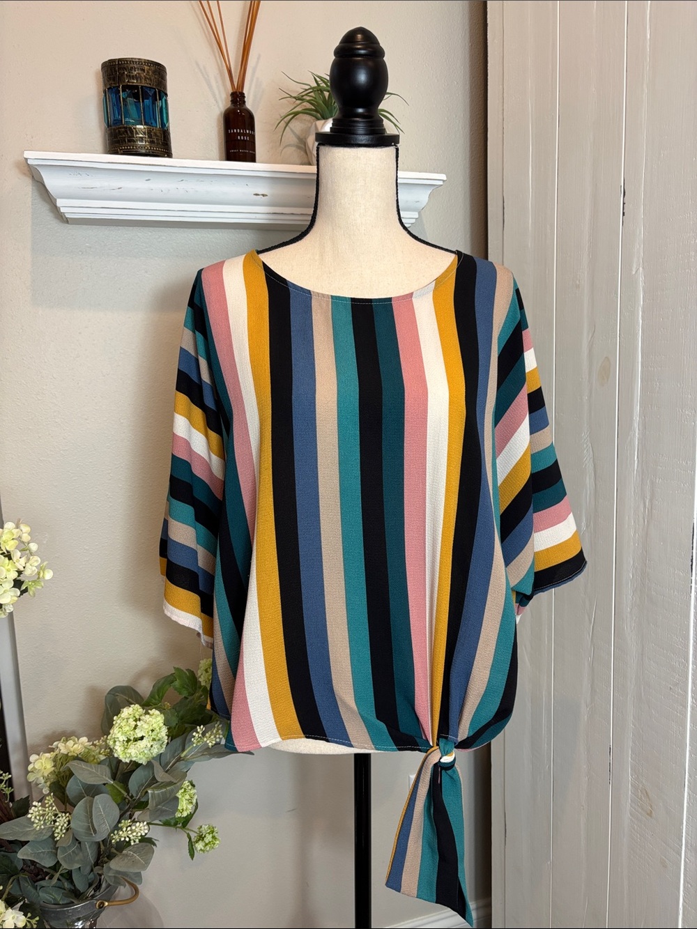 Hyped Unicorn Tie-Hem Striped Blouse in Multi-Color